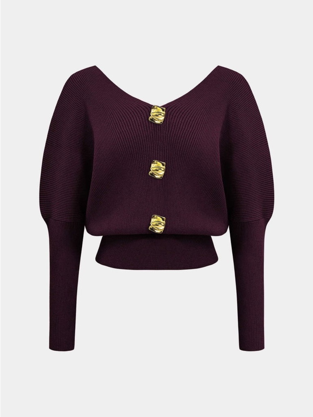 Micas | L | Solid Button V-Neck Sweater Long-Sleeve Top in Deep Plum